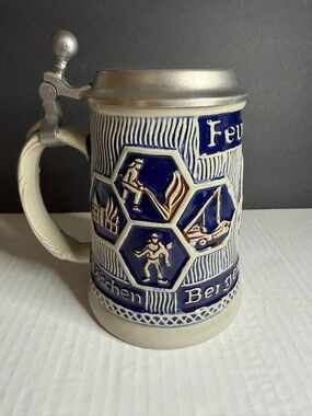 German Beer Stein Firefighter Old World Stein Series II pewter lid salt glazed